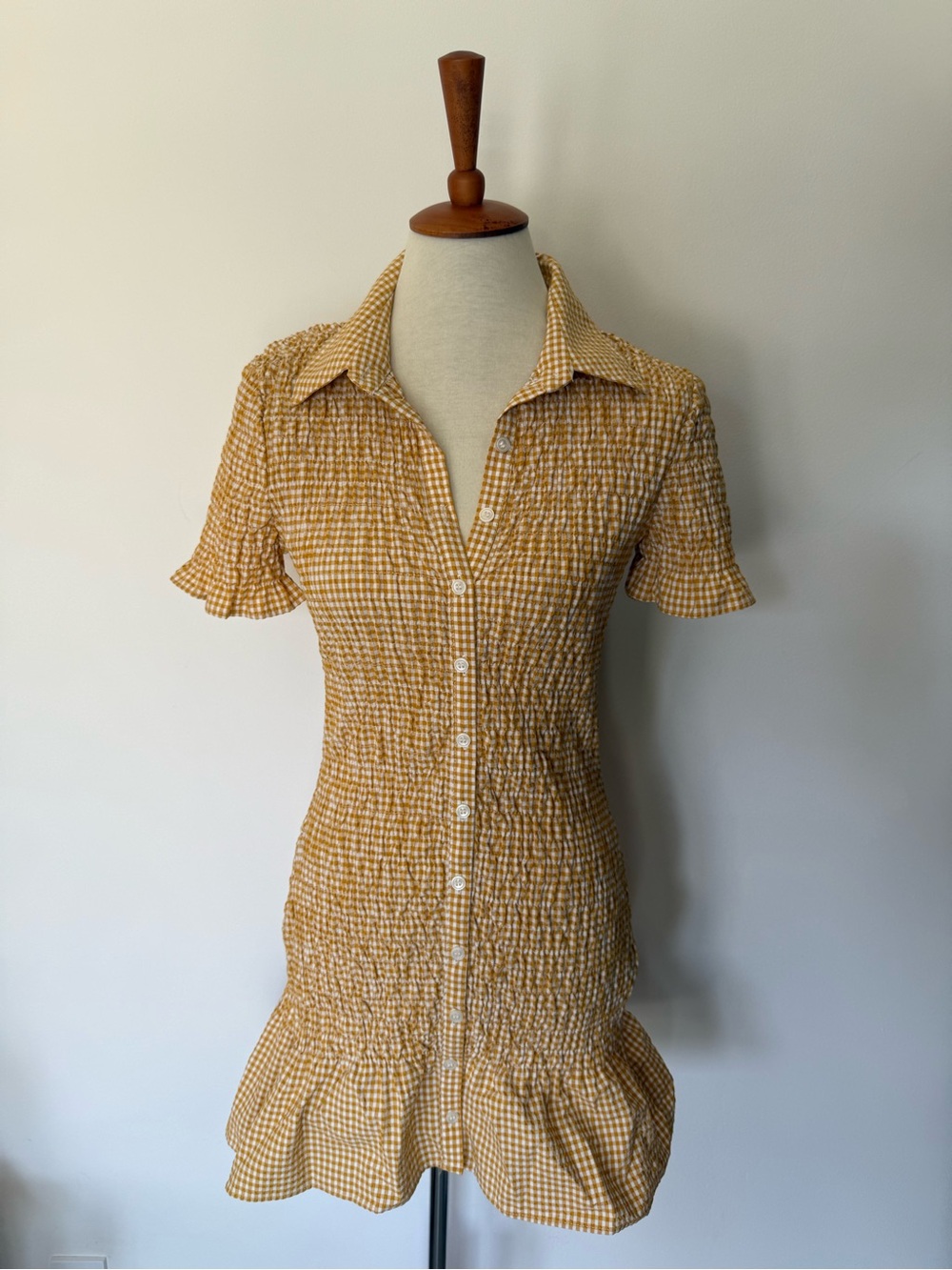 Yellow Zara Gingham Button-Down Ruffle Mini Dress